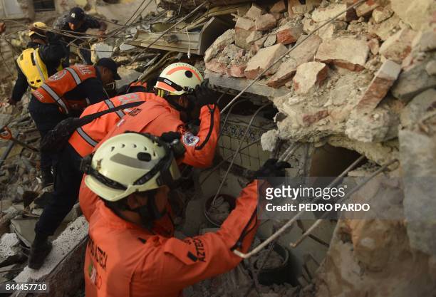 Members of the "Topos" , a specialized rescue team, search for survivors following the 8.2 magnitude earthquake that hit Mexico's Pacific coast, in...