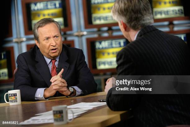 National Economic Council Director Lawrence Summers speaks as he is interviewed by moderator David Gregory during a taping of "Meet the Press" at the...