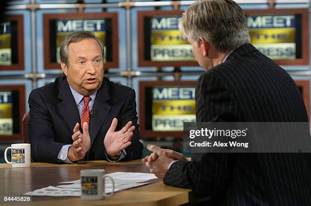 National Economic Council Director Lawrence Summers speaks as he is interviewed by moderator David Gregory during a taping of "Meet the Press" at the...