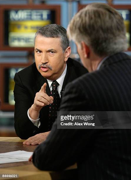 New York Times columnist Tom Friedman speaks as he is interviewed by moderator David Gregory during a taping of "Meet the Press" at the NBC studios...
