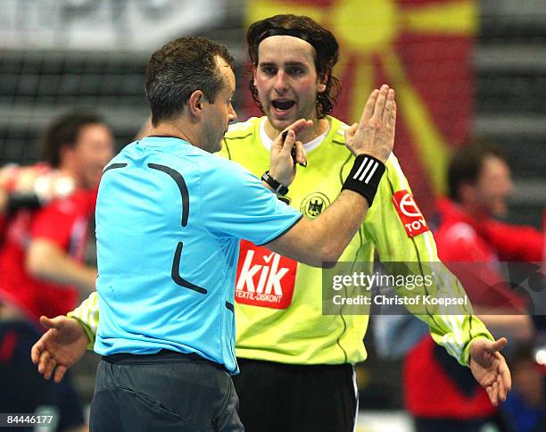 Silvio Heinevetter of Germany is angry about a decision of the referee during the Men's World Handball Championships main round match group two...