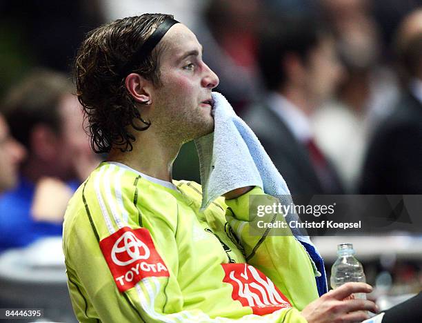 Silvio Heinevetter of Germany sits thoughtful on the bench during the Men's World Handball Championships main round match group two between Norway...