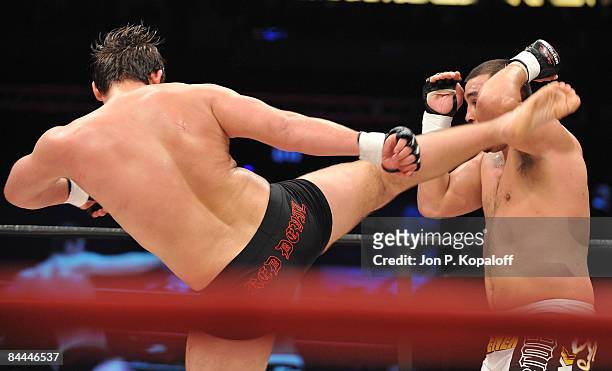 Kiril Sidellnikov battles Paul Buentello during their Heavyweight bout at "Affliction M-1 Global Day of Reckoning" at the Honda Center on January 24,...