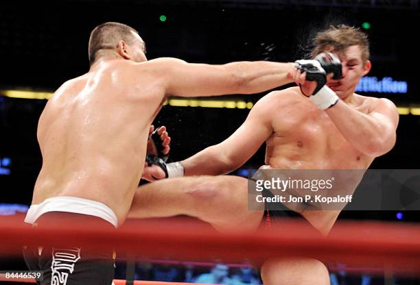 Paul Buentello battles Kiril Sidellnikov during their Heavyweight bout at "Affliction M-1 Global Day of Reckoning" at the Honda Center on January 24,...