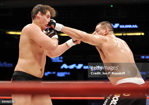 Kiril Sidellnikov battles Paul Buentello during their Heavyweight bout at "Affliction M-1 Global Day of Reckoning" at the Honda Center on January 24,...