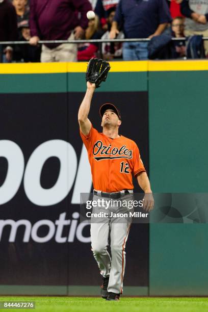 Right fielder Seth Smith of the Baltimore Orioles catches a fly ball hit by Jay Bruce of the Cleveland Indians during the fifth inning at Progressive...