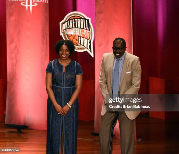 Inductee Zack Clayton's niece Lauren Myers stands with Earl Monroe during the 2017 Basketball Hall of Fame Enshrinement Ceremony on September 8, 2017...