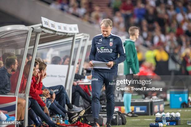 Coach Frode Grodaas of Norway during the FIFA 2018 World Cup Qualifier between Germany and Norway at Mercedes-Benz Arena on September 4, 2017 in...