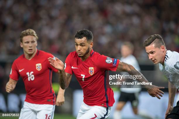 Joshua King, Jonas Svensson of Norway, Julian Draxler of Germany during the FIFA 2018 World Cup Qualifier between Germany and Norway at Mercedes-Benz...