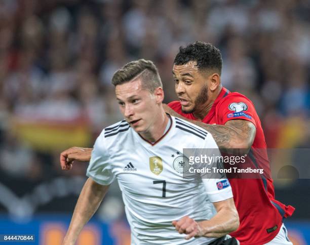 Joshua King of Norway, Julian Draxler of Germany during the FIFA 2018 World Cup Qualifier between Germany and Norway at Mercedes-Benz Arena on...