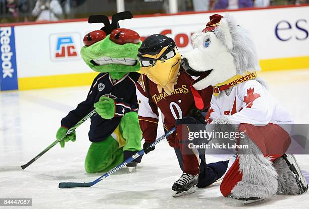 Columbus Blue Jackets mascot Stinger, Atlanta Thrashers mascot Thrash, and Calgary Flames mascot Harvey the Hound perform on the ice during the NHL...