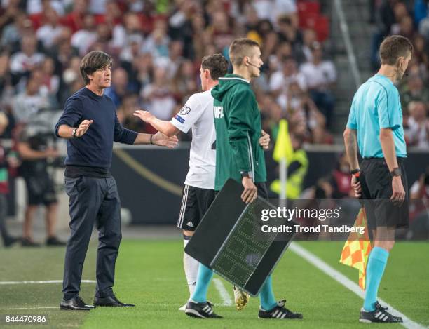 Coach Joachim Low of Germany during the FIFA 2018 World Cup Qualifier between Germany and Norway at Mercedes-Benz Arena on September 4, 2017 in...