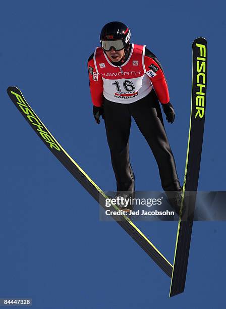 Takanobu Okabe of Japan competes during his second jump during day 3 of the FIS World Cup Ski Jumping on January 25, 2009 at the Whistler Olympic...