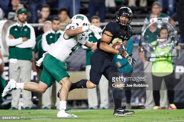 Brycen Hopkins of the Purdue Boilermakers runs up the sideline for a first down after a reception in the second quarter of a game against the Ohio...