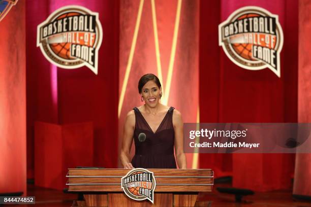 Naismith Memorial Basketball Hall of Fame Class of 2017 enshrinee Rebecca Lobo speaks during the 2017 Basketball Hall of Fame Enshrinement Ceremony...