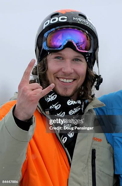 Schiller of Canada celebrates after winning the gold medal in the Men's Skiing Slopestyle at Winter X Games 13 on Buttermilk Mountain on January 25,...