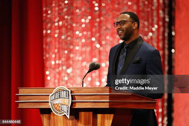 Naismith Memorial Basketball Hall of Fame Class of 2017 enshrinee Tracy McGrady speaks during the 2017 Basketball Hall of Fame Enshrinement Ceremony...