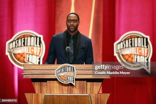 Naismith Memorial Basketball Hall of Fame Class of 2017 enshrinee Tracy McGrady speaks during the 2017 Basketball Hall of Fame Enshrinement Ceremony...