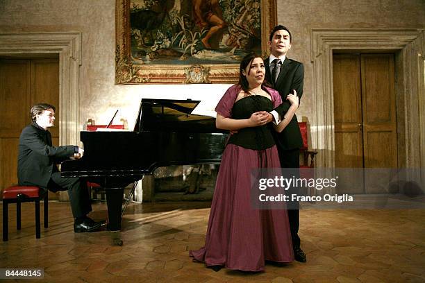 Pianist Arnaud Arbet, singers Maria Virginia Savastano and Manuel Nunez Camelino of the Atelier Lyrique De L'Opera De Paris perform at the French...