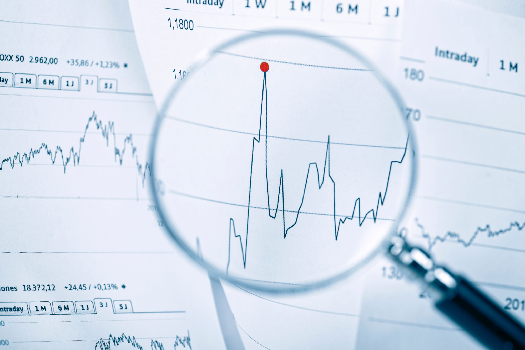 Share price in the focus of a magnifying glass Share price in the focus of a magnifying glass