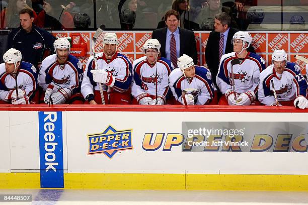 Western Conference All-Star coaches Mike Babcock of the Detroit Red Wings and Todd McLellan of the San Jose Sharks stand behind their players on the...