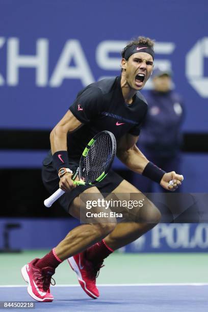 Rafael Nadal of Spain celebrates after defeating Juan Martin del Potro of Argentina in their Men's Singles Semifinal match on Day Twelve of the 2017...