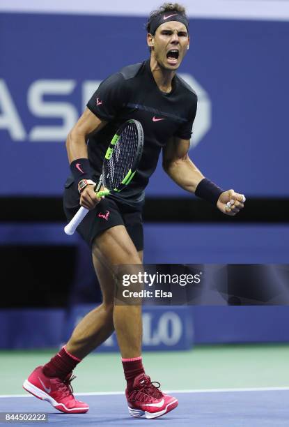 Rafael Nadal of Spain celebrates after defeating Juan Martin del Potro of Argentina in their Men's Singles Semifinal match on Day Twelve of the 2017...