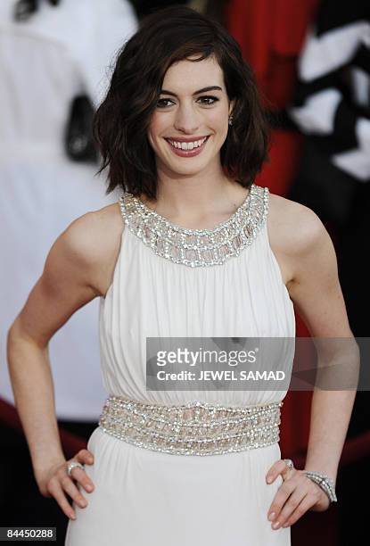 Actress Anne Hathaway arrives at the 15th Annual Screen Actors Guild Awards at the Shrine Auditorium in Los Angeles, California, on January 25, 2009....