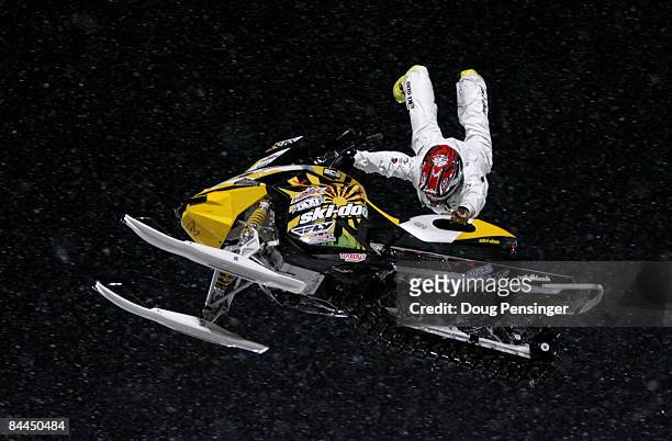Joe Parsons of Yakima, Washington goes airborne enroute to winning the gold medal in the Snowmobile Freestyle at Winter X Games 13 on Buttermilk...