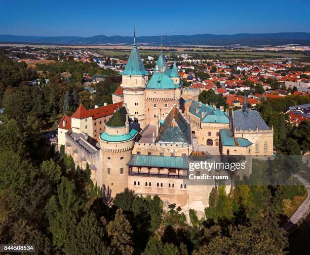 aerial bojnice castle, slovakia - bojnice castle stock pictures, royalty-free photos & images