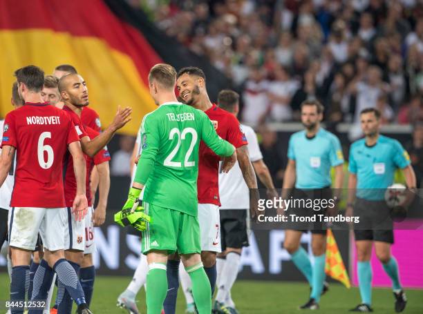 Haitam Aleesami, Joshua King, Haavard Nordtveit of Norway, Marc-Andre ter Stegen of Germany after the FIFA 2018 World Cup Qualifier between Germany...