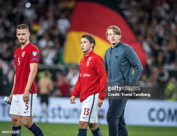 Gustav Valsvik, Anders Trondsen, Sander Berge of Norway after the FIFA 2018 World Cup Qualifier between Germany and Norway at Mercedes-Benz Arena on...