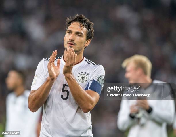 Mats Hummels of Germany after the FIFA 2018 World Cup Qualifier between Germany and Norway at Mercedes-Benz Arena on September 4, 2017 in Stuttgart,...