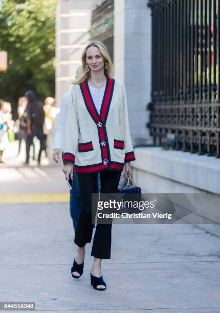 Lauren Santo Domingo wearing a cardigan seen in the streets of Manhattan outside Tory Burch during New York Fashion Week on September 8, 2017 in New...