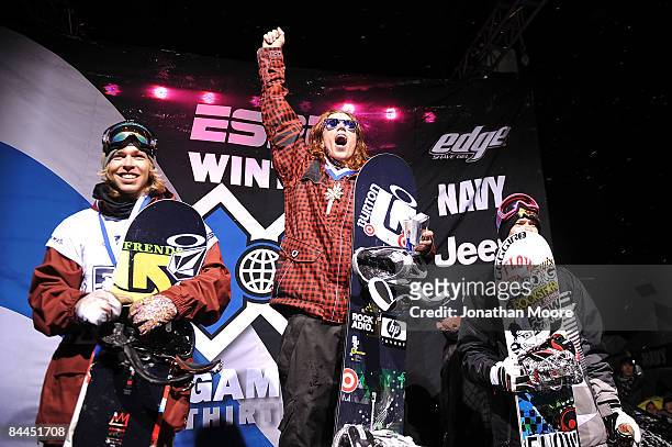 Gold medal winner Shaun White of Carlsbad, California celebrates along side silver medal winner Kevin Pearce of Norwich, Vermont and bronze medal...