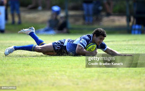 Izaia Perese of Queensland Country scores a try during the round two NRC match between Queensland Country and Brisbane on September 9, 2017 in Noosa,...