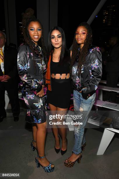 Chloe x Halle and Vanessa Hudgens attend the Jeremy Scott Fashion Show during New York Fashion Week at Spring Studios on September 8, 2017 in New...