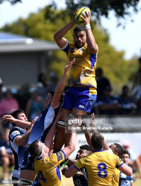 Lukhan Lealaiauloto-Tui of Brisbane City competes at the lineout during the round two NRC match between Queensland Country and Brisbane on September...