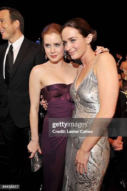 Actresses Amy Adams and Emily Blunt backstage at the TNT/TBS broadcast of the 15th Annual Screen Actors Guild Awards at the Shrine Auditorium on...