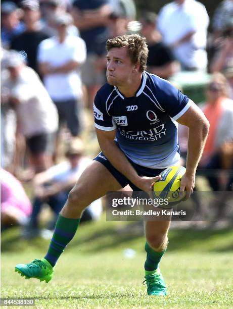 James Tuttle of Queensland Country passes the ball during the round two NRC match between Queensland Country and Brisbane on September 9, 2017 in...