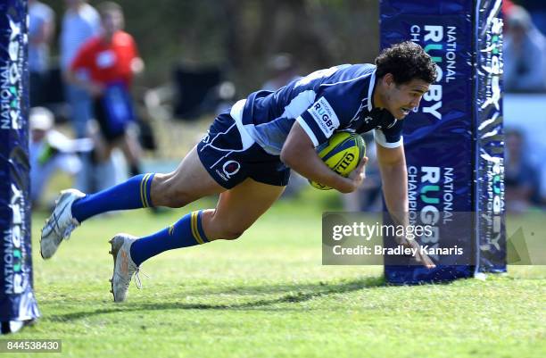 Izaia Perese of Queensland Country scores a try during the round two NRC match between Queensland Country and Brisbane on September 9, 2017 in Noosa,...