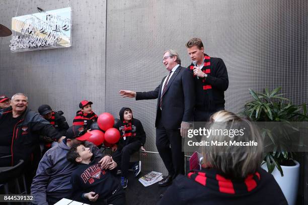 Kevin Sheedy talks to Bombers fans at the Woollhara Hotel as they prepare to watch the AFL Elimination Final between the Sydney Swans and the...