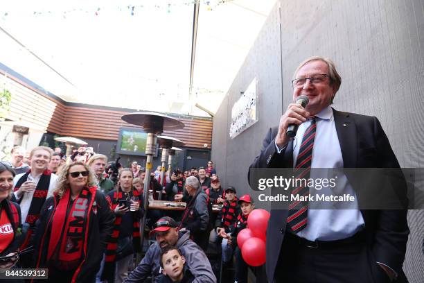 Kevin Sheedy talks to Bombers fans at the Woollhara Hotel as they prepare to watch the AFL Elimination Final between the Sydney Swans and the...