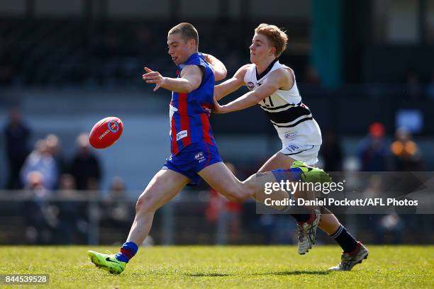 Charlie Thompson of the Chargers kicks the ball during the TAC Cup Final between Oakleigh and Northern Knights at Victoria Park on September 9, 2017...