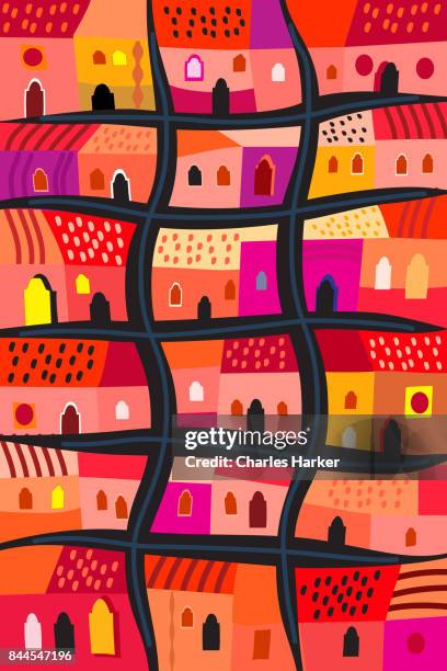 latin american bright red and orange row houses decorative illustration in folk style pattern - charles harker ストックフォトと画像