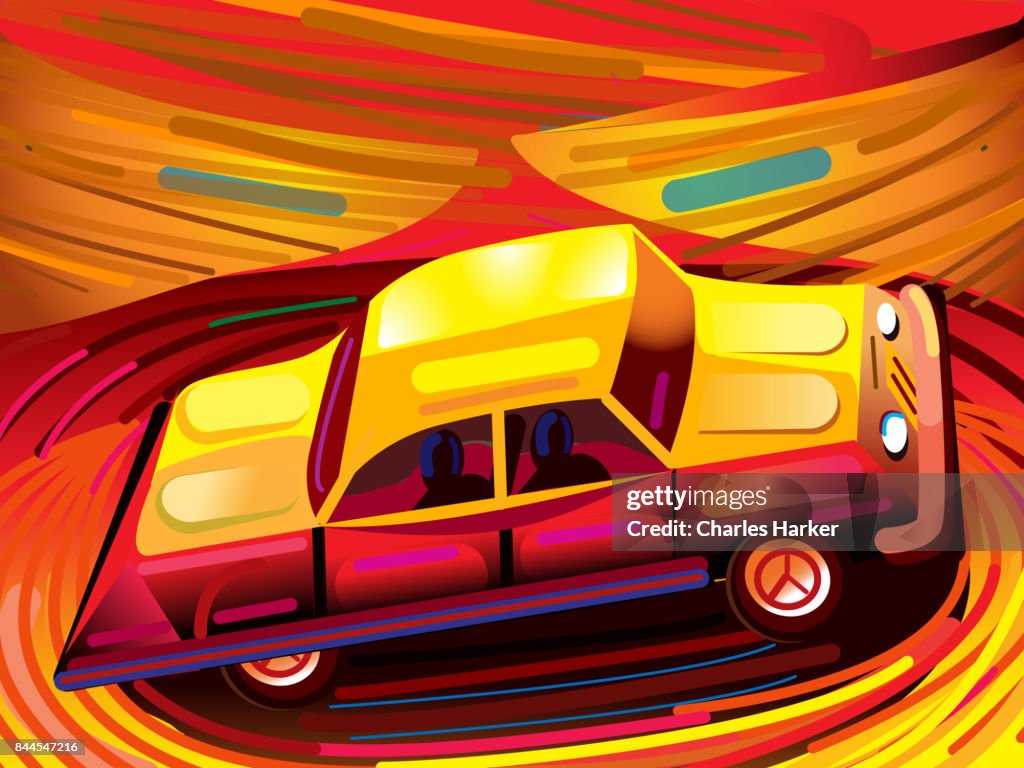 Car Rider Cartoon Style 1950s Low Rider Style Car In Swirling Orange Cartoon Landscape ...