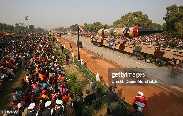 An Agni III nuclear capable missile is paraded during the Republic Day Parade on January 26, 2009 in New Delhi, India. India today celebrates its...