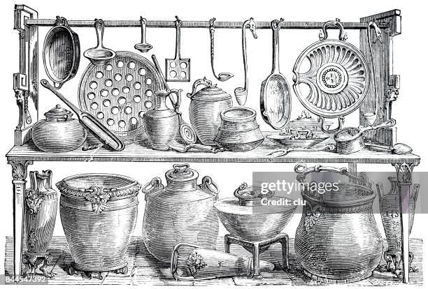collection of kitchenware from ancient pompeii - kitchen utensil stock illustrations