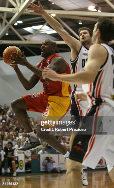 Ebi Ere of the Tigers drives to the basket during the round 20 NBL match between the Melbourne Tigers and the South Dragons held at the State Netball...