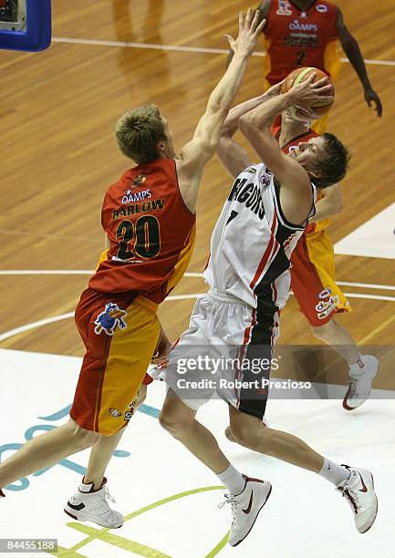 Joe Ingles of the Dragons has a shot at the basket during the round 20 NBL match between the Melbourne Tigers and the South Dragons held at the State...